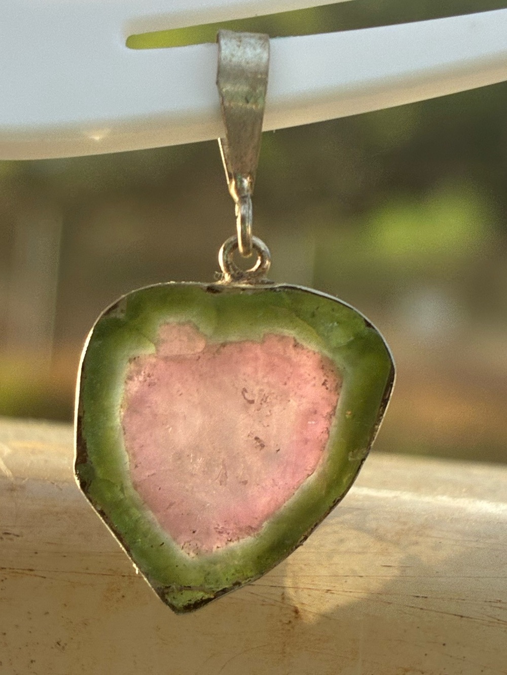 Solid sterling custom picked genuine watermelon tourmaline slice pendant